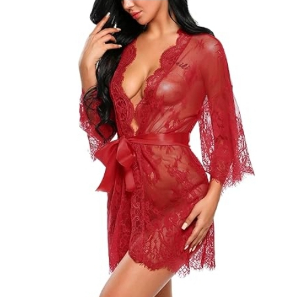 Nightie Lace Kimono Robe Babydoll Lingerie Mesh Nightgown Dark Red